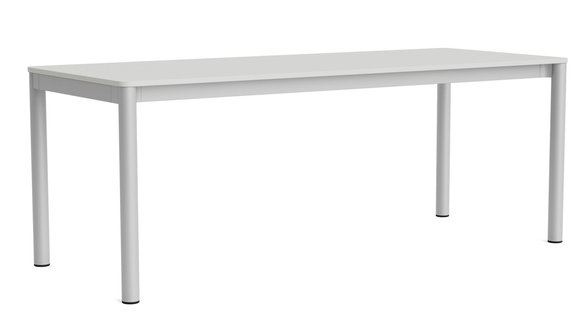 Annex Table Flush Esstisch von Hay, rechteckig, weiße Tischplatte und silbernes Metallgestell.