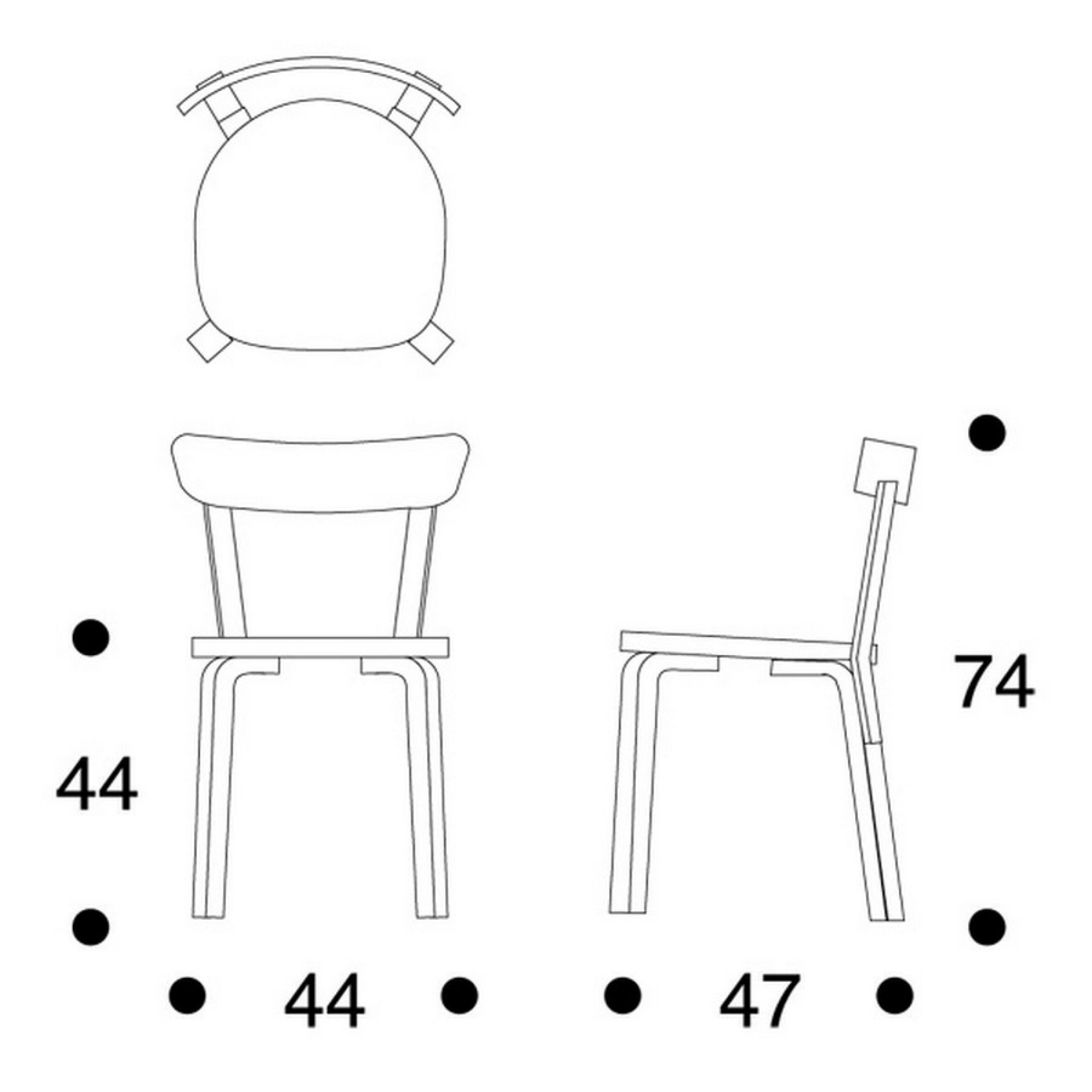 Artek Stuhl 69 technische Zeichnung: Ansichten von oben, vorne und der Seite mit Maßangaben.
