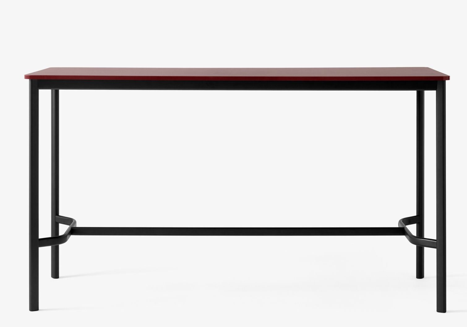 AndTradition Drip High Table Stehtisch mit bordeauxroter Tischplatte und schwarzem Metallgestell, frontal aufgenommen.