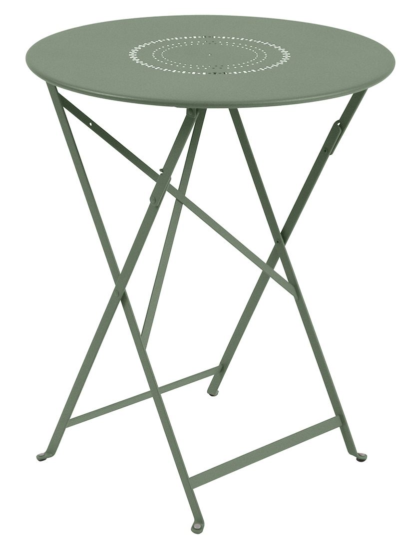 Floréal Tisch Outdoor von Fermob, runder Gartentisch aus Metall in Grün mit filigranem Muster.