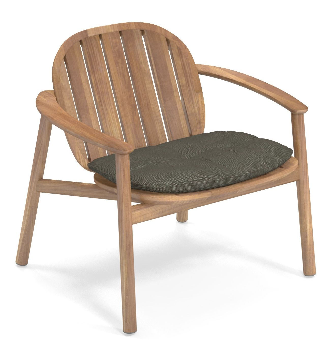Twins Lounge Chair von Emu, Outdoor Armlehnstuhl aus Holz mit grauem Sitzkissen.