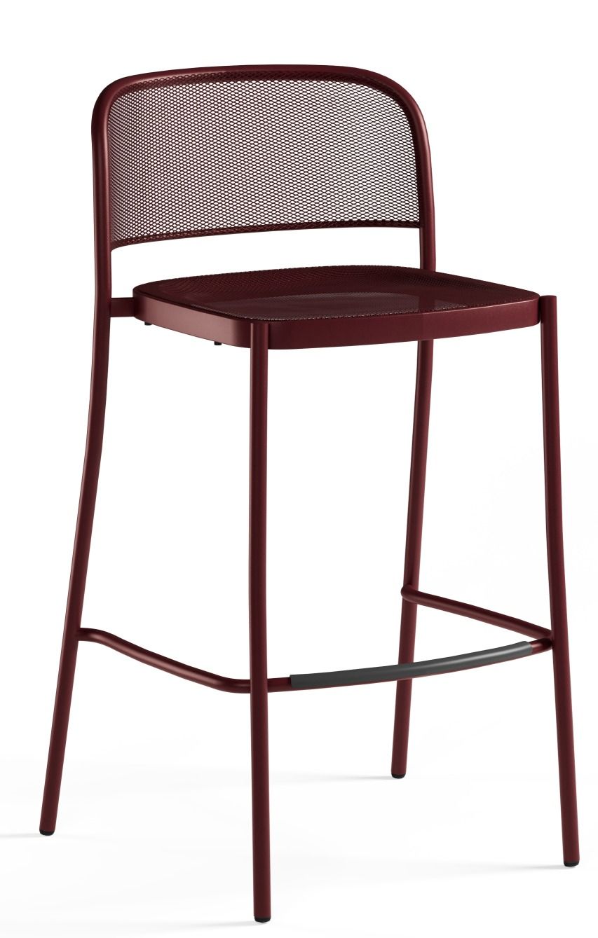 Café Barstool Barhocker von Emu für den Außenbereich, rot, mit Fußstütze und Rückenlehne aus Metallgitter.