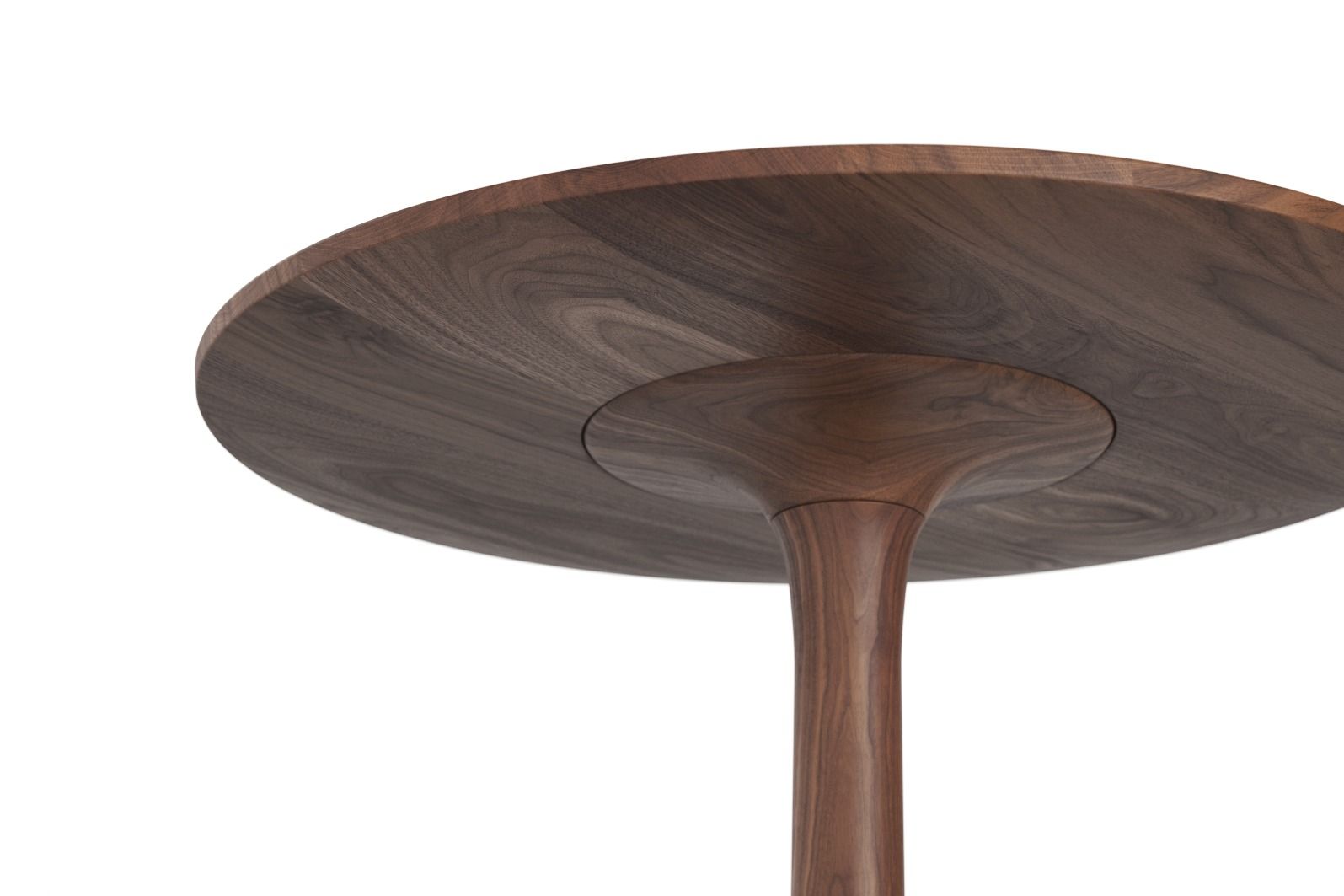 Detailaufnahme des Turntable Couch Beistelltisches Zeitraum aus dunklem Holz mit runder Tischplatte und schlankem Fuß.