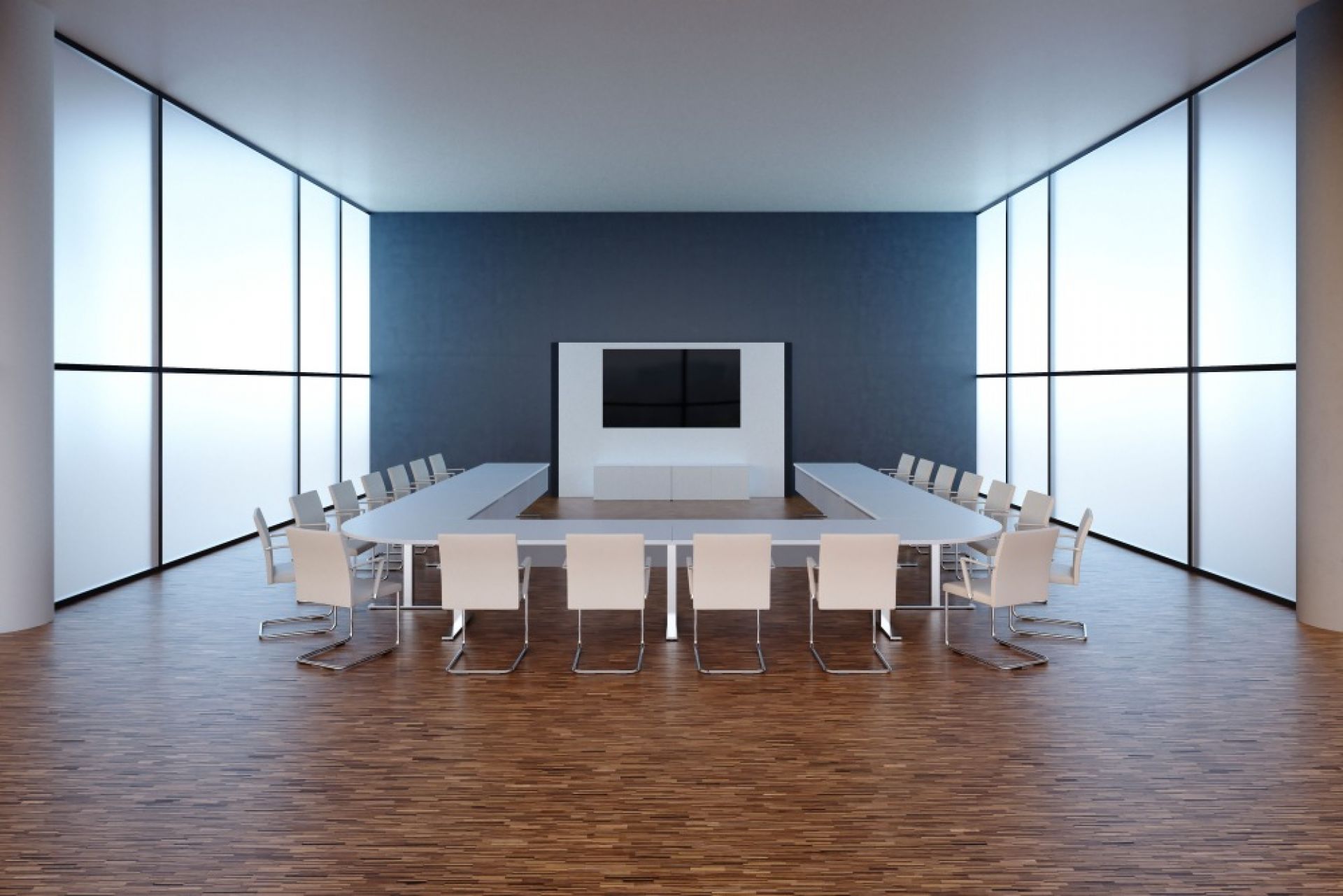 Konferenzraum mit U-förmigem Tisch und Walter Knoll JASON 1901 Freischwinger Stühlen in Beige.