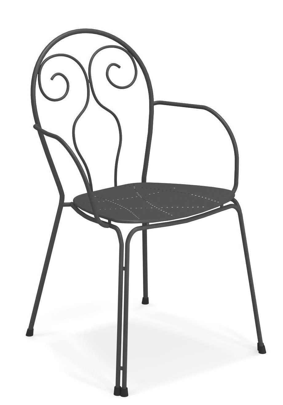 Caprera Stuhl von Emu für den Außenbereich, aus grauem Metall mit geschwungenem Design.