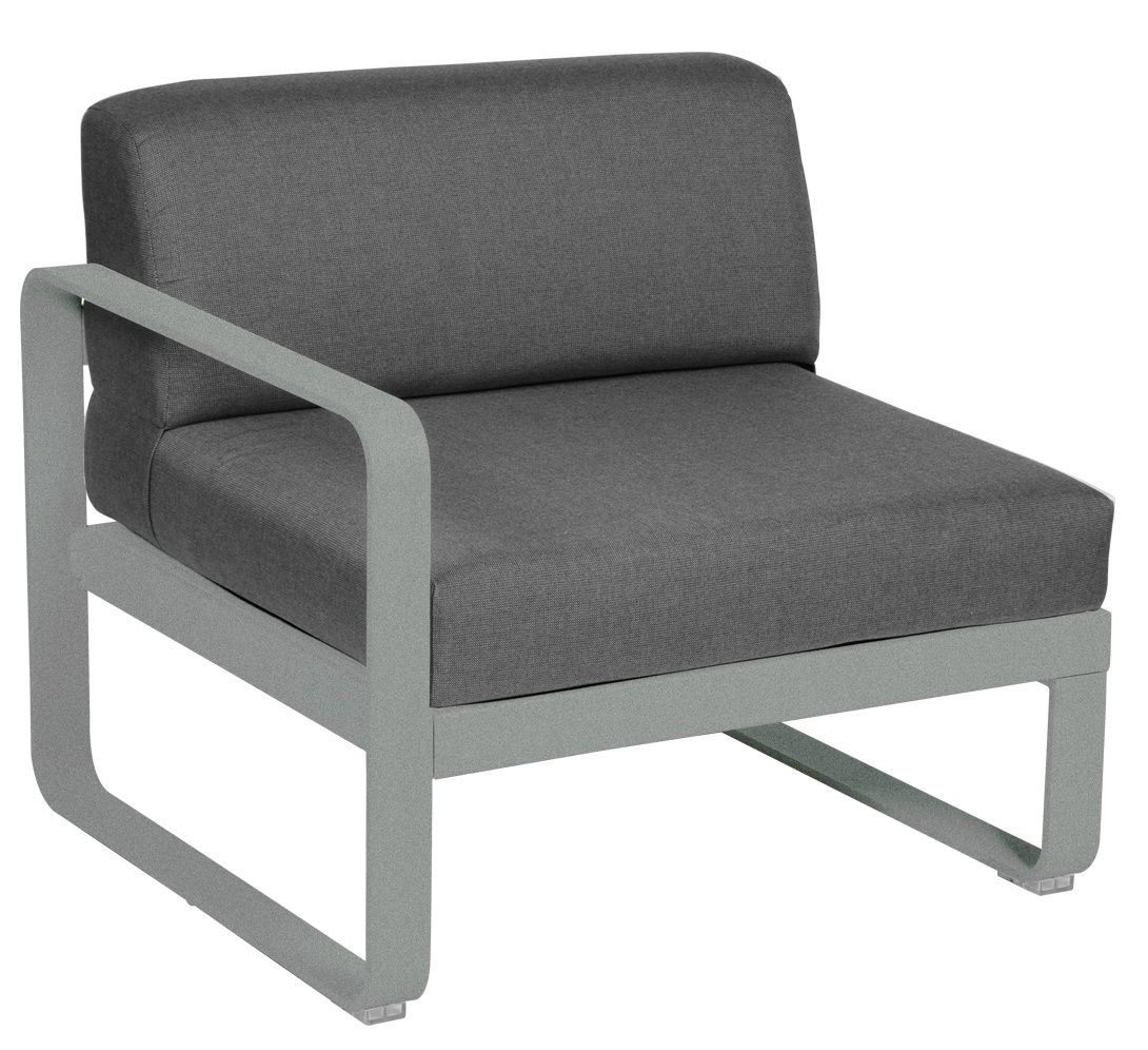 Graues Bellevie 1-Sitzer Modul Outdoor Sofa von Fermob mit Armlehne links, ideal für Garten und Terrasse.