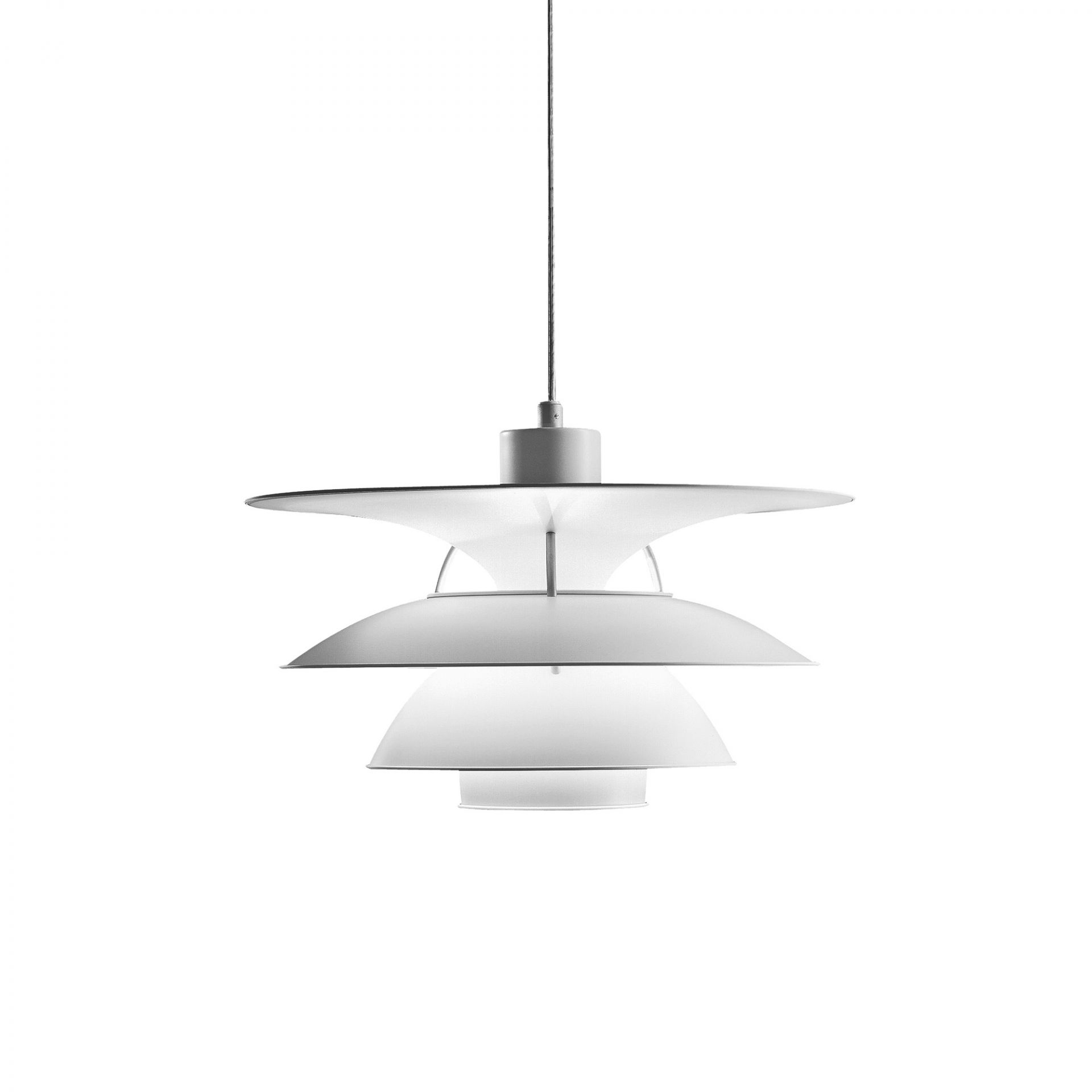 Weiße PH 5 Pendelleuchte von Louis Poulsen, modernes Design für stilvolle Beleuchtung im Wohnraum.