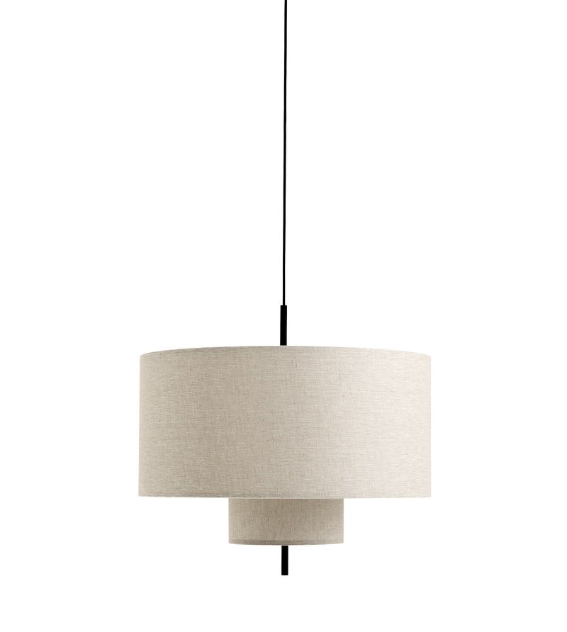New Works Margin Pendelleuchte Ø50cm: Stoffschirm in Beige, moderne Hängeleuchte für Wohnzimmer und Esszimmer.