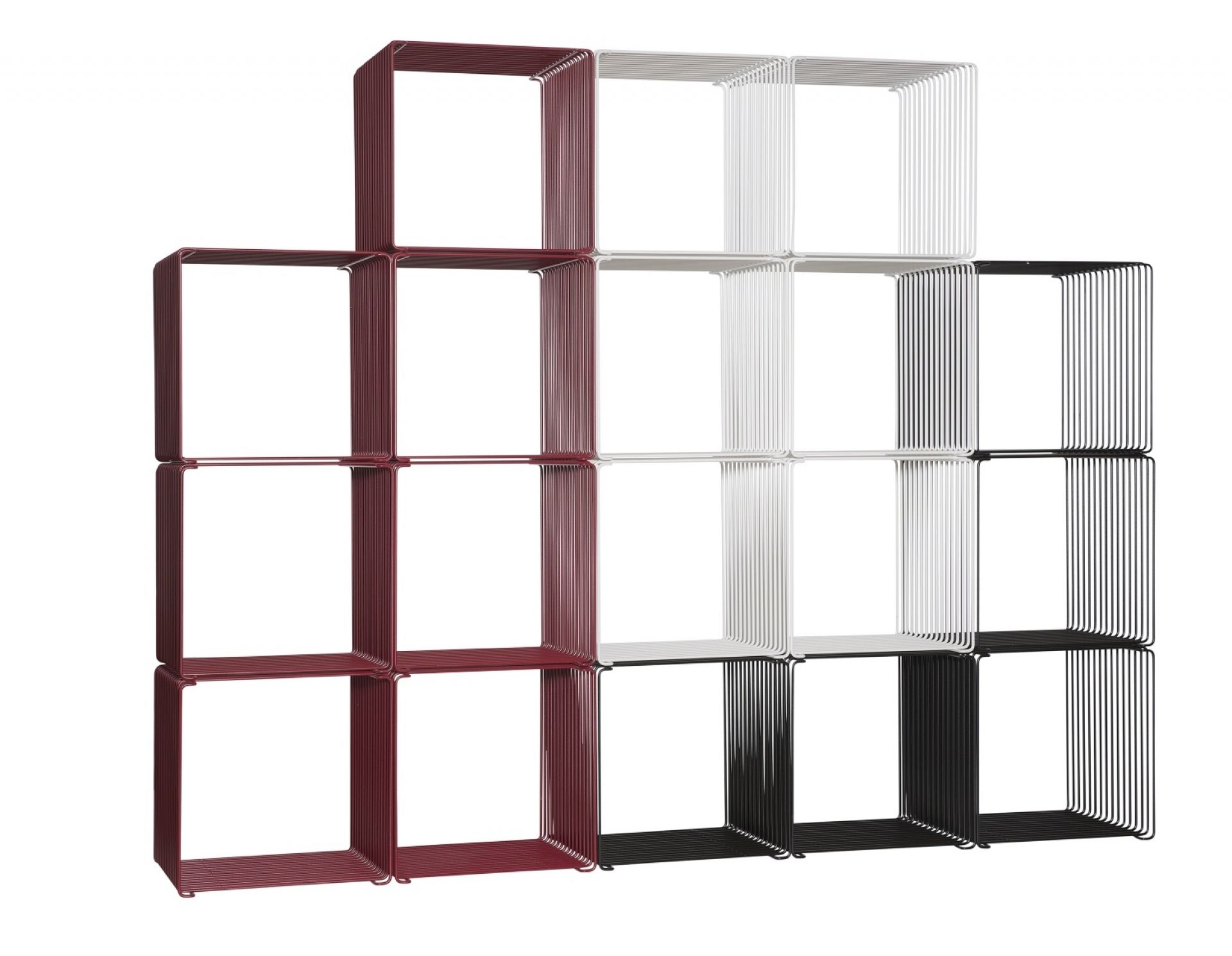 Montana Wire Cube Drahtregal in Burgunderrot, Weiß und Schwarz, gestapelt als modulares Regalsystem.