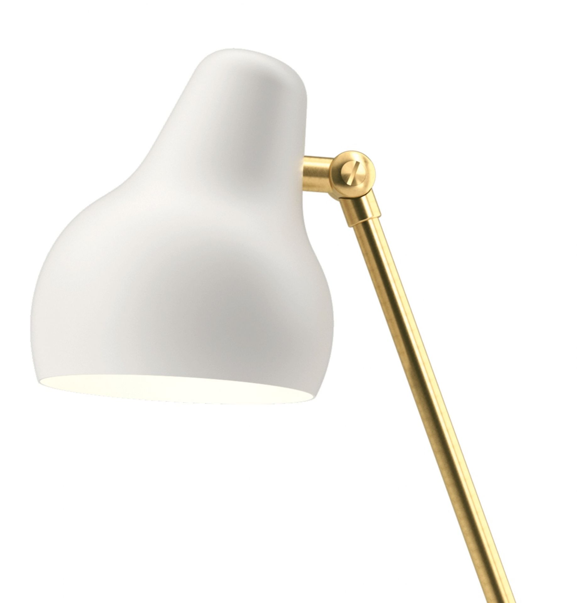 Nahaufnahme der VL38 Tischleuchte von Louis Poulsen, weiße Lampe mit goldenem Arm.