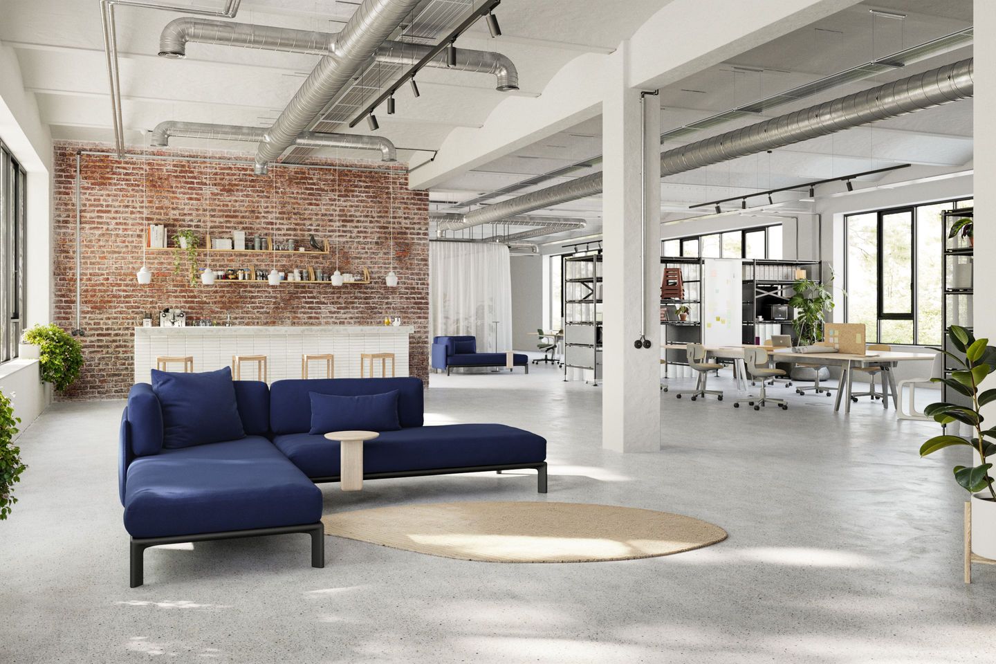 Vitra Anagram Sofa Plattform 90 x 180 cm in blau in modernem Büro-Loft.