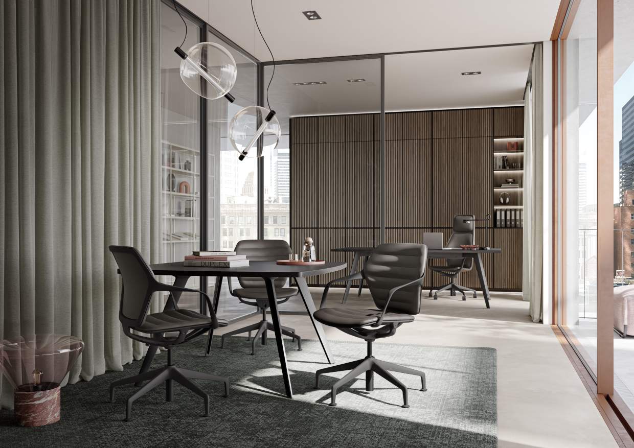 Büro mit Ray Work 9225 Bürodrehstuhl von Brunner, ergonomischer Drehstuhl mit Armlehnen und grauem Bezug.