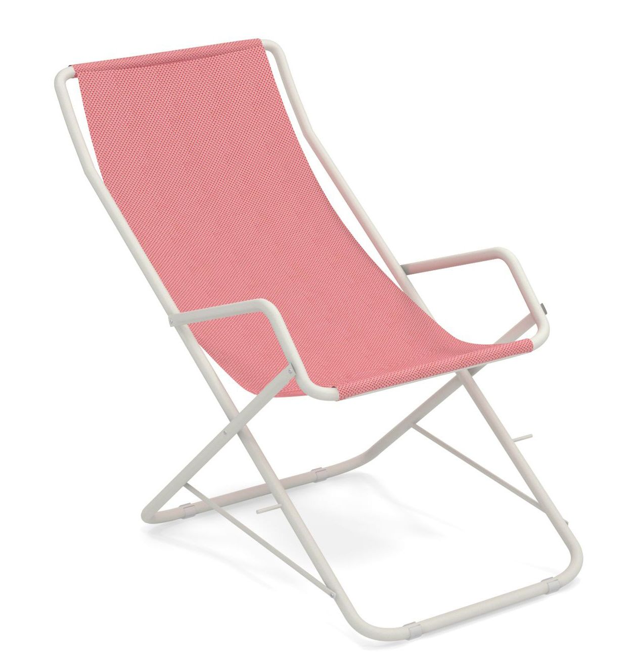 Bahama Liegestuhl von Emu für den Außenbereich, rosa Textilbespannung und weißes Metallgestell.