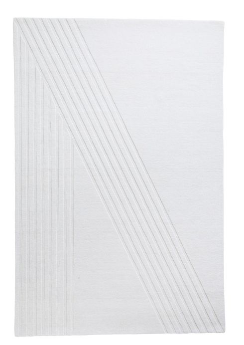 Weißer Kyoto Teppich (200x300 cm) von Woud mit geometrischem Linienmuster für Wohnzimmer und Schlafzimmer.