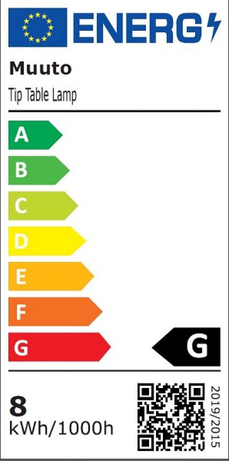 Energielabel der Muuto Tip Table Lamp Tischleuchte in Hellgrün mit Energieeffizienzklasse G.