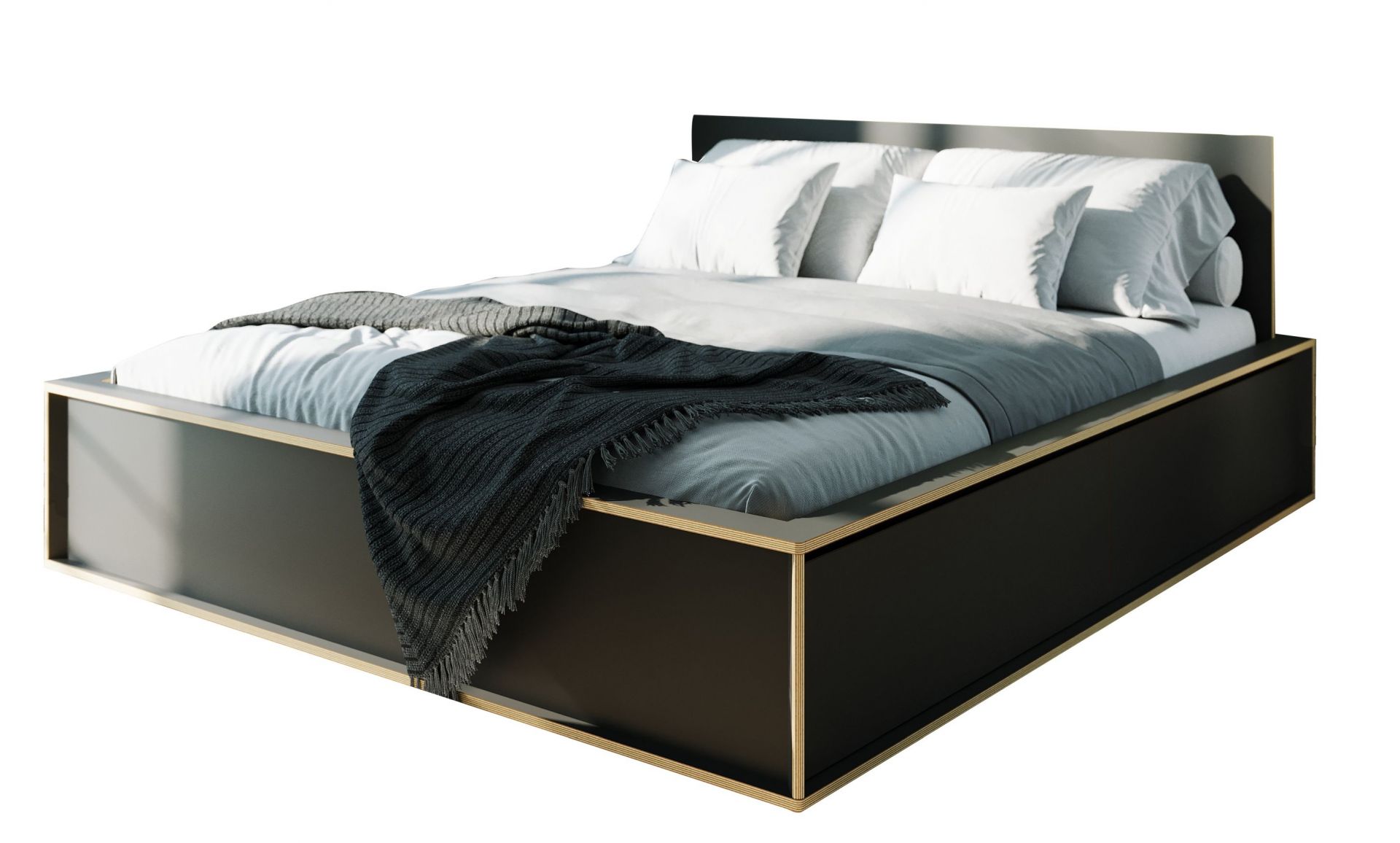 Spaze Bett von Müller Möbelwerkstätten mit schwarzem Rahmen, Bettwäsche und grauer Tagesdecke.