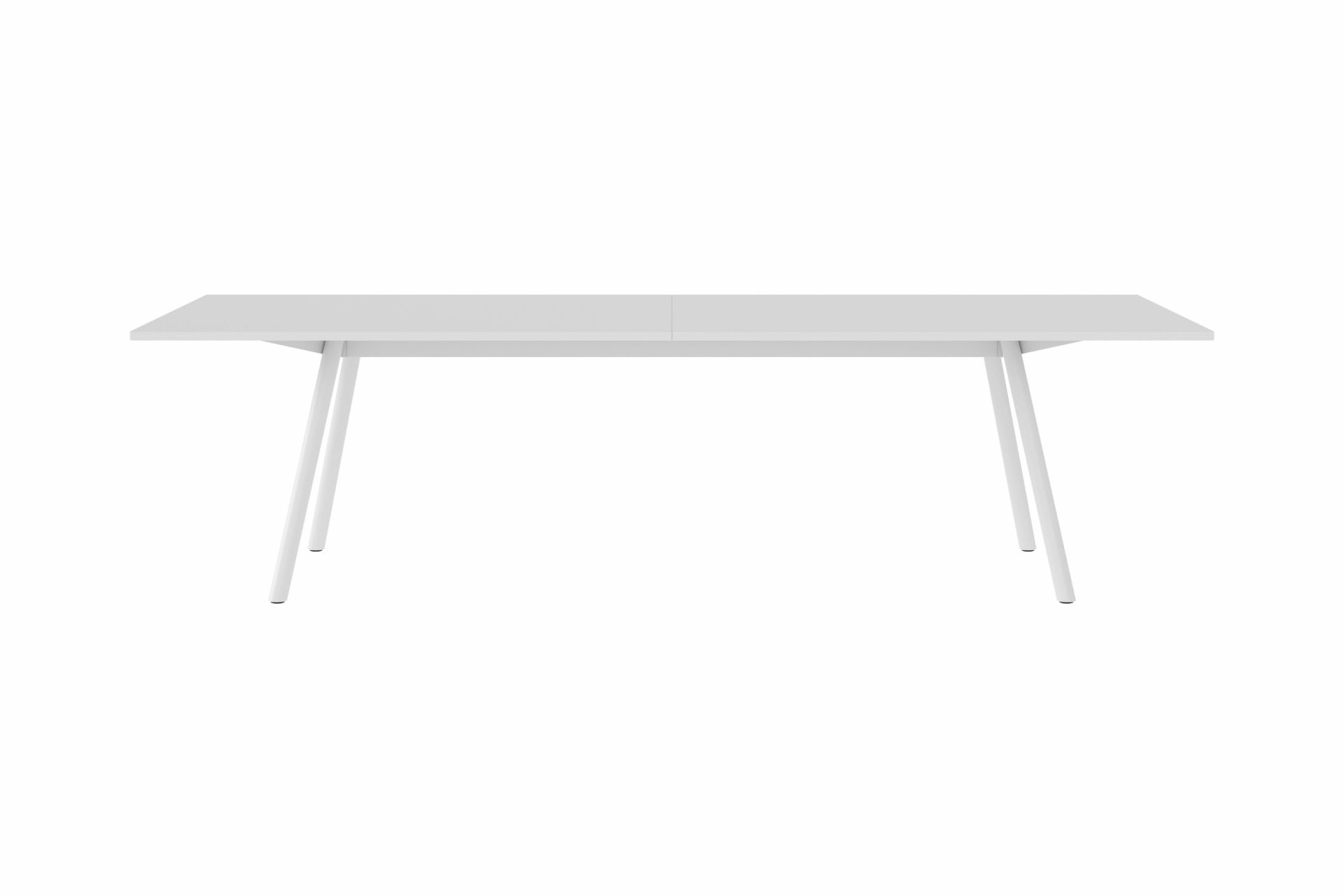 Weißer New Tendency Masa Tisch mit minimalistischem Design und vier schlanken Beinen.