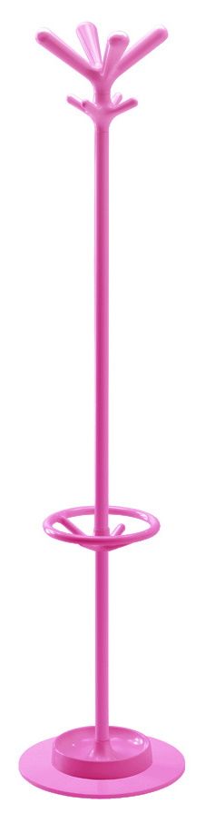 Pinkfarbener Pop Kleiderständer von Rexite mit rundem Fuß, Schirmständer und mehreren Haken für Jacken.
