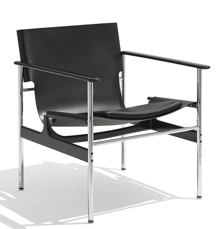 Schwarzer Pollock Sessel von Knoll International mit Lederbezug und verchromtem Stahlgestell, modernes Design.