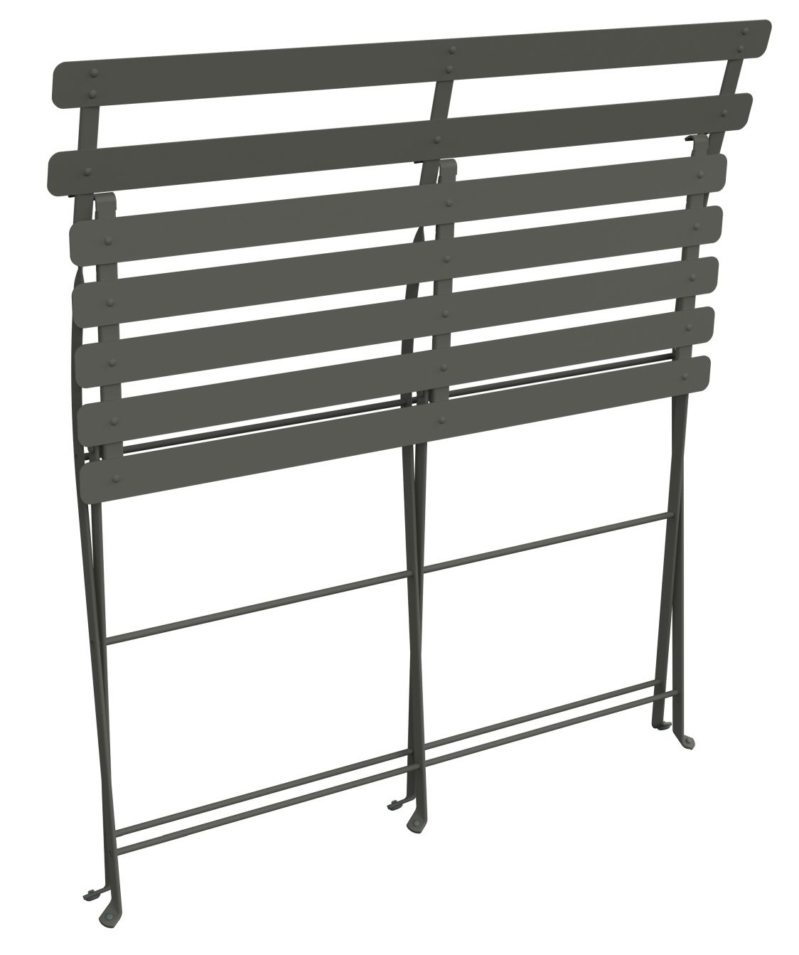 Zusammengeklappte graue Bistro Klappbank für zwei Personen von Fermob, ideal für kleine Balkone und Terrassen.