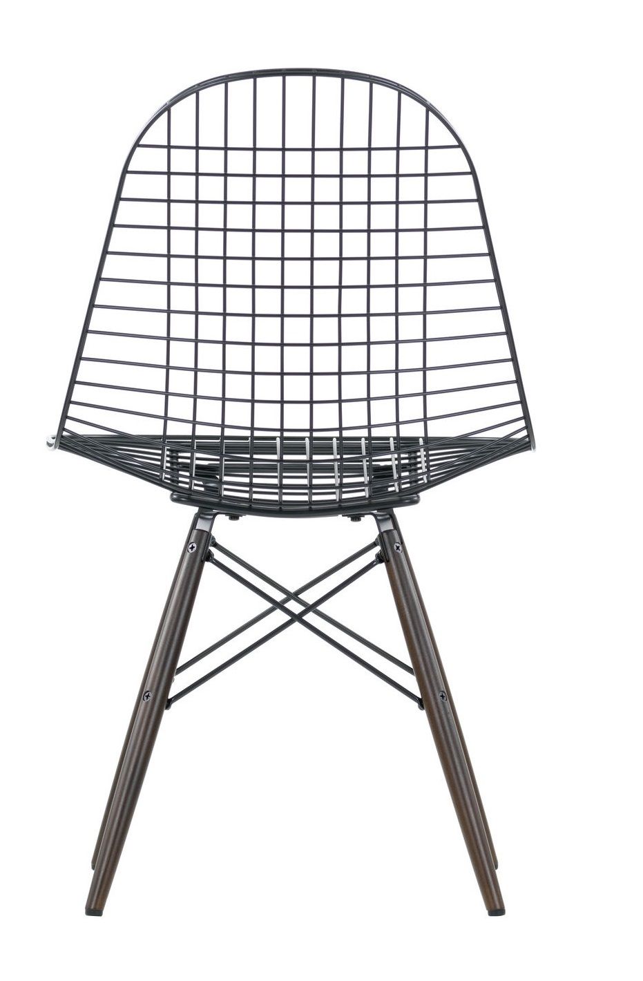 Vitra DKW Wire Chair Stuhl ungepolstert, Ansicht von vorne, Designstuhl mit Drahtgeflecht und Holzbeinen.