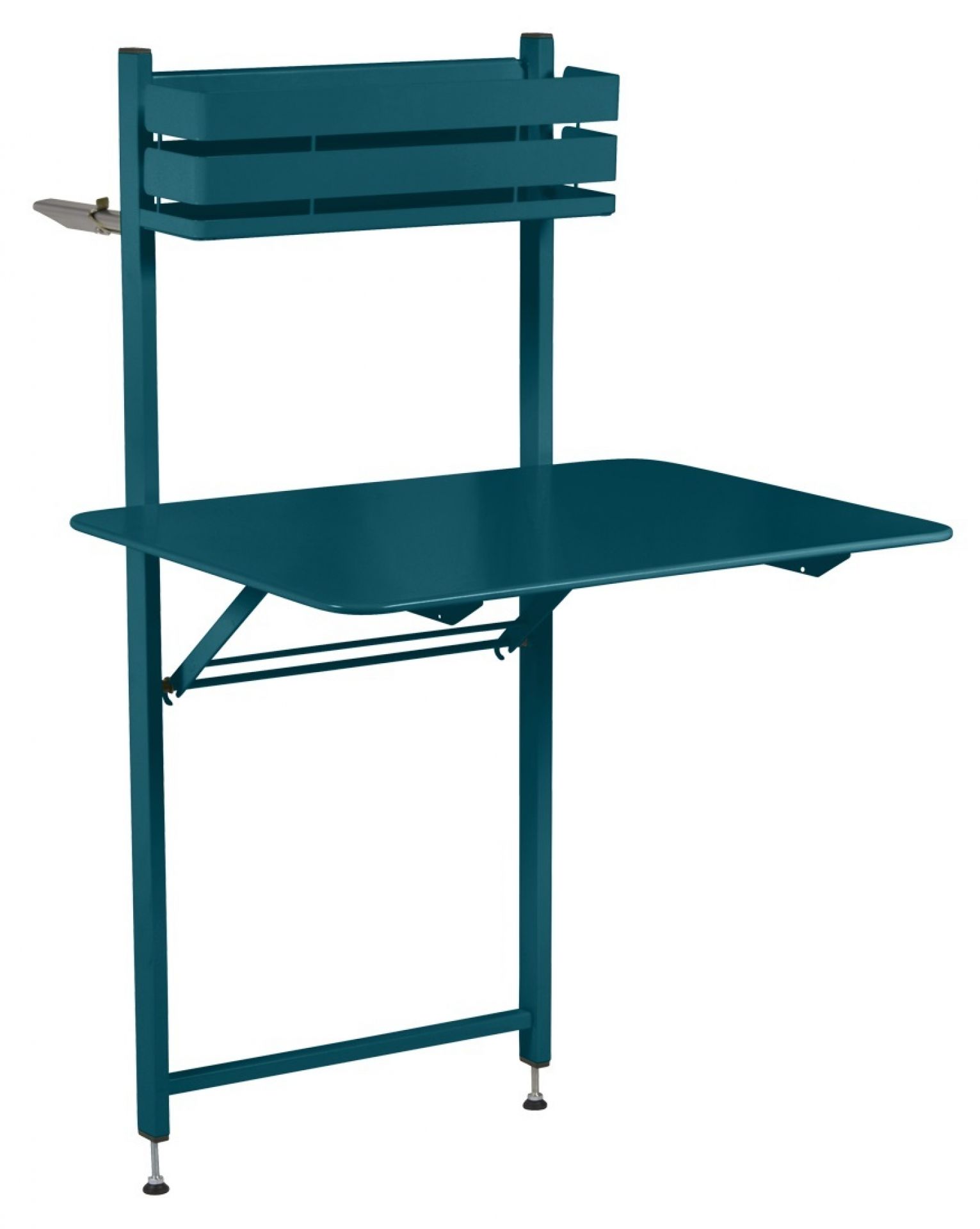 Blauer Bistro Balkontisch, ein klappbarer Outdoor Tisch für kleine Balkone. Fermob Design.