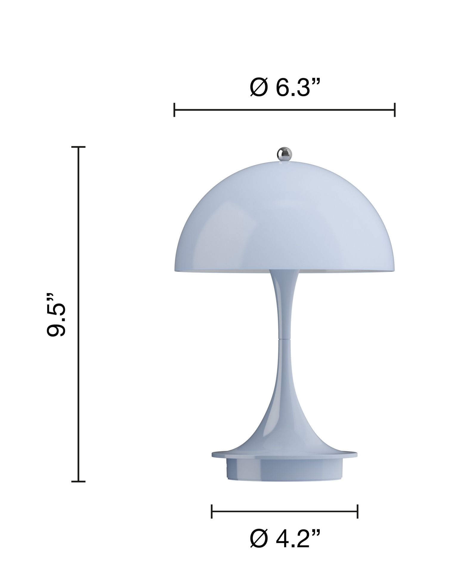 Panthella Portable Tischleuchte in Opal Blau mit Maßangaben für E-Commerce.