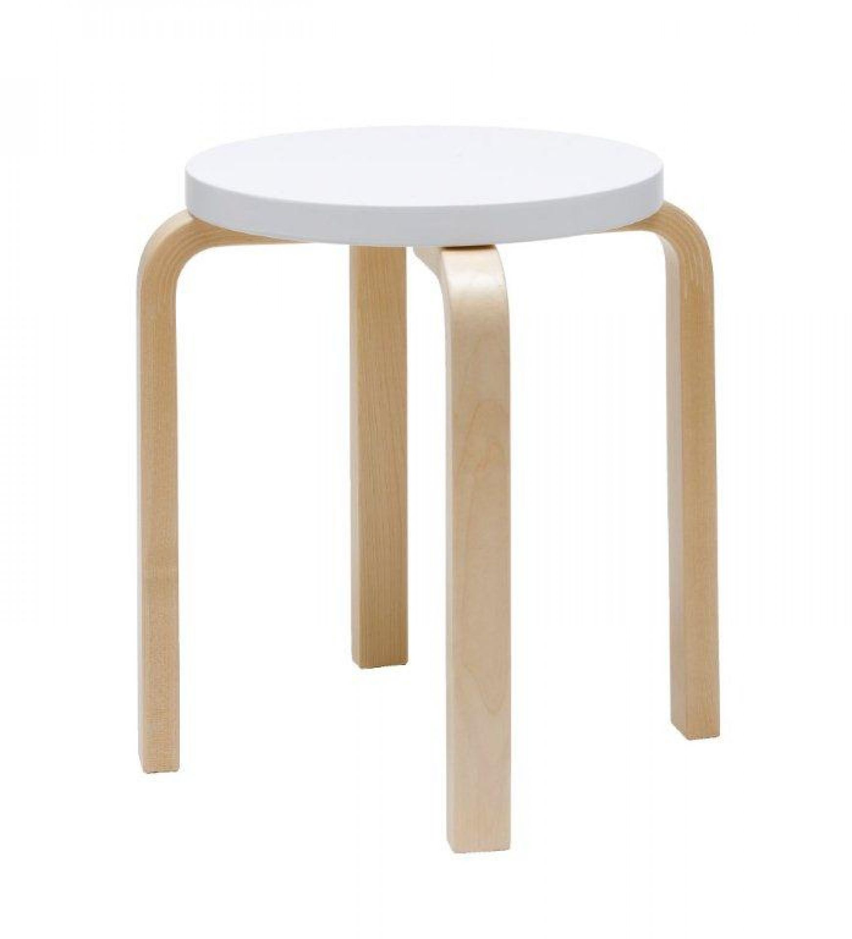 Artek E60 Hocker mit weißer Sitzfläche und Beinen aus Birkenholz, skandinavisches Design.