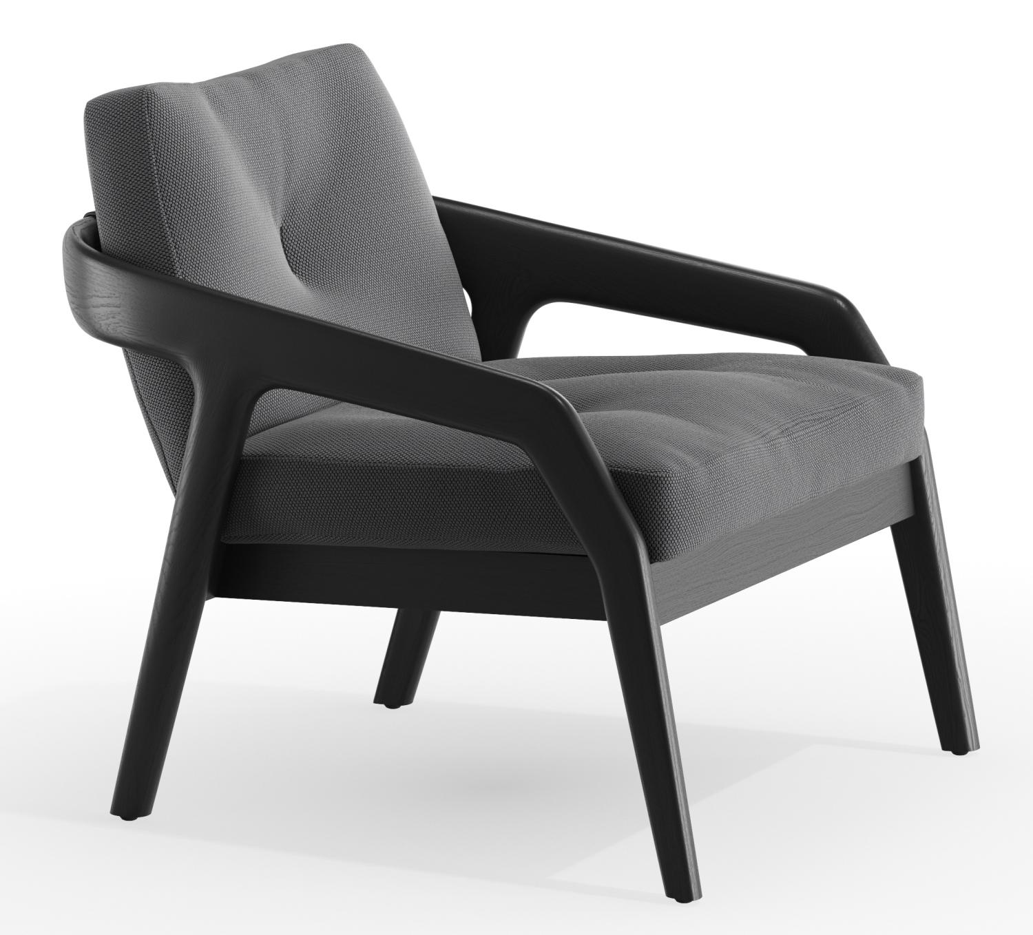 Friday 1 Sessel Zeitraum: Moderner grauer Sessel mit dunklem Holzrahmen und bequemer Polsterung.