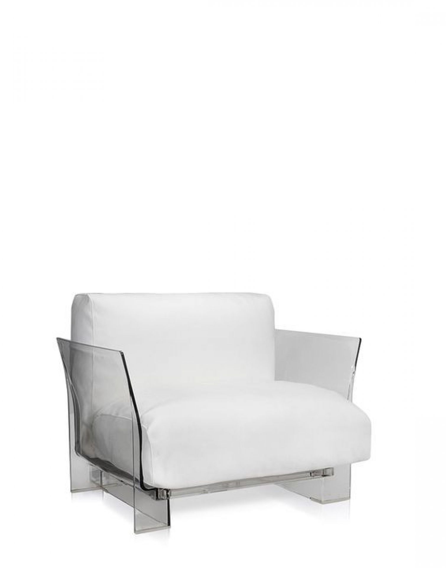 Weißer Kartell Pop Sessel mit transparentem Gestell für den Outdoor-Bereich. Design Gartenmöbel.