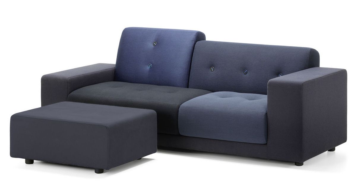 Vitra Polder Compact Sofa in Blautönen mit passendem Hocker, modernes Wohnzimmer Design.