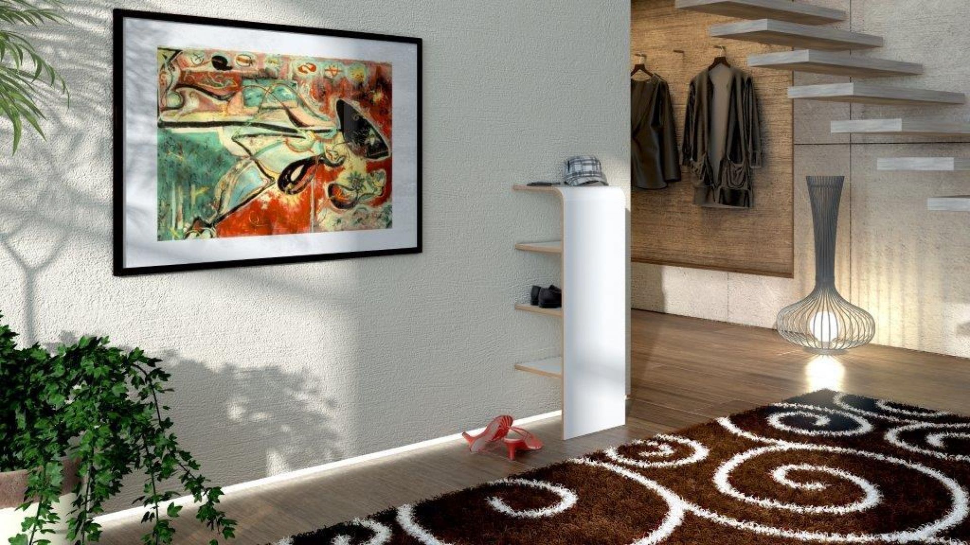 Modernes Tojo Schuhregal aus Holz, weiß, mit Schuhen und Hut im minimalistischen Flur.