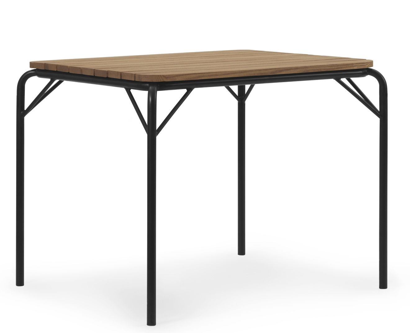 Normann Copenhagen Vig Table 90x90 cm, quadratischer Gartentisch mit Holzplatte und schwarzem Metallgestell.