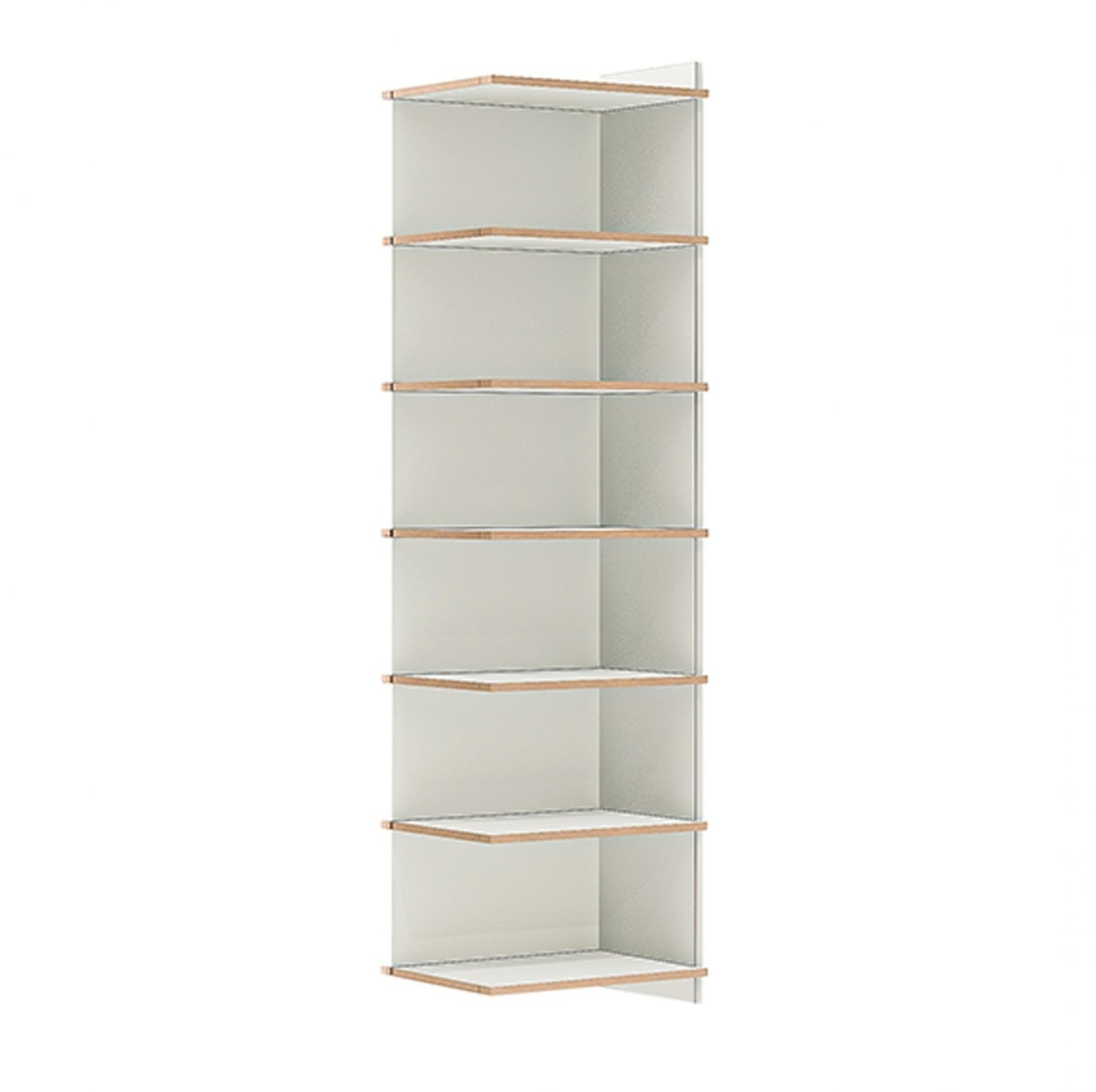 Tojo Regal: Weißes, sechsfaches Anbaumodul mit Holzrahmen für flexible Stauraumlösungen.