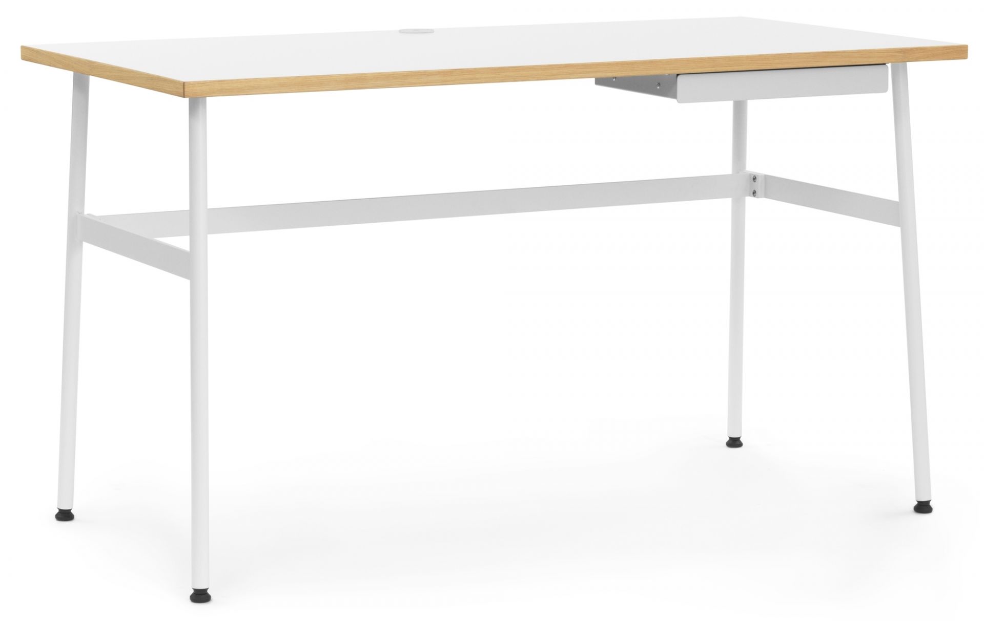 Weißer Journal Schreibtisch von Normann Copenhagen mit Schublade und hellem Holzrand. Moderner Bürotisch.