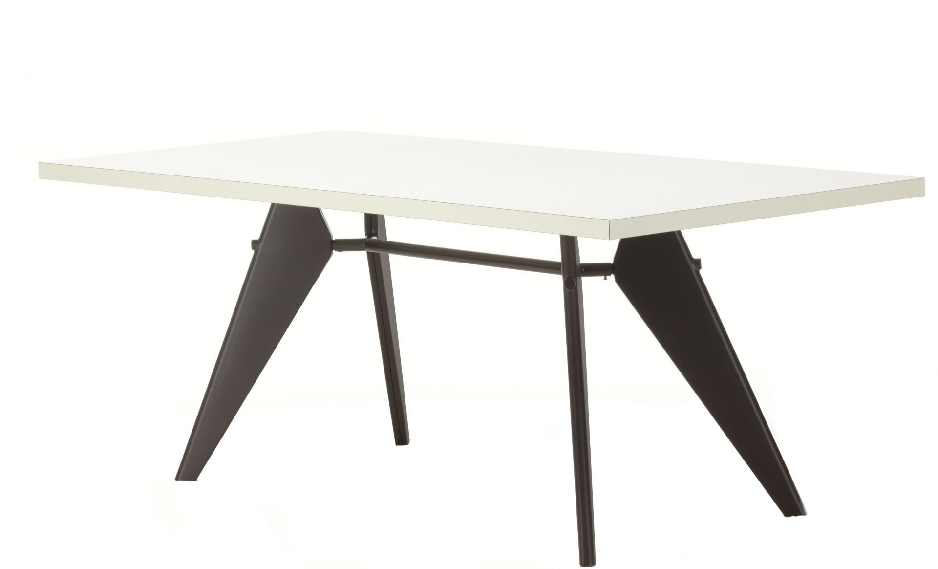 Vitra EM Table mit weißer HPL-Tischplatte und dunklem Untergestell, 90 x 220 cm.