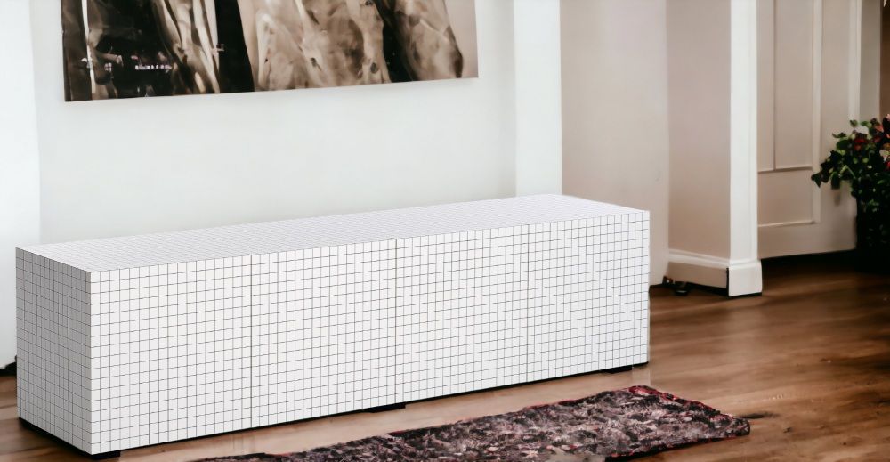 Weißes 756 Quaderna Sideboard von Zanotta mit schwarzem Rastermuster im modernen Wohnzimmer. Design Möbel.