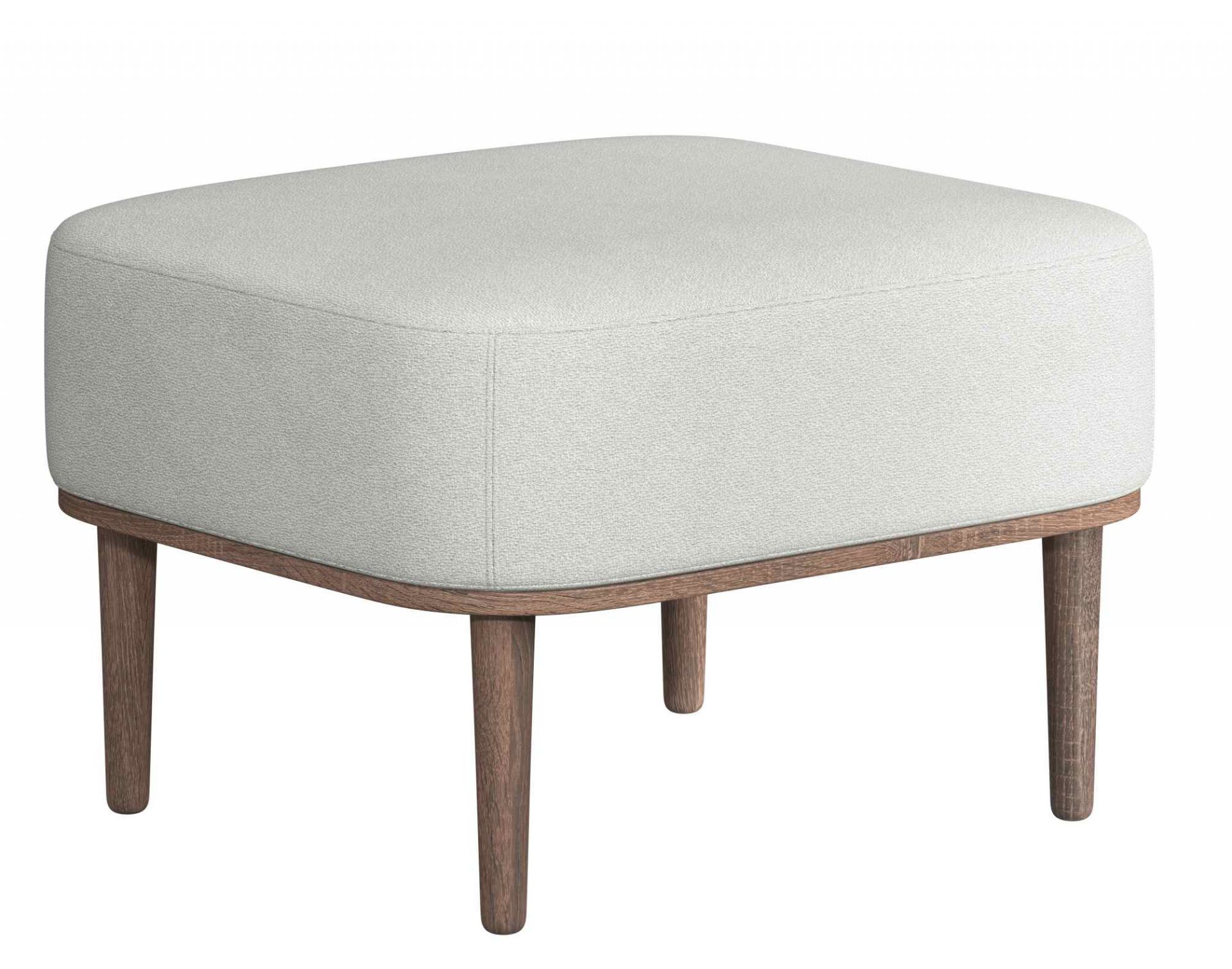 Serena Pouf Ottoman mit hellgrauem Bezug und dunkel gebeizten Eichenholzbeinen, modernes Möbeldesign.