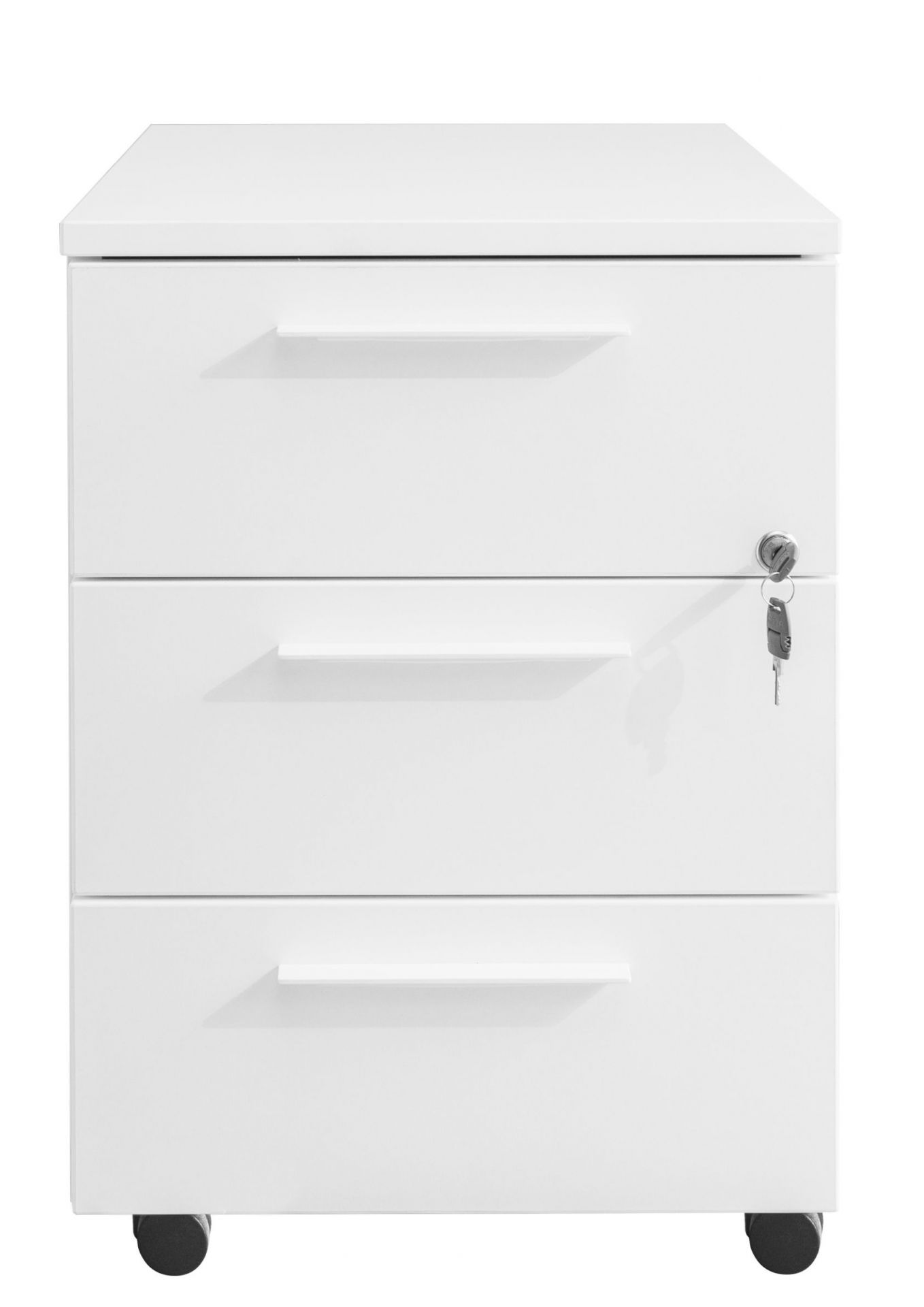 Weißer Rollcontainer mit drei Schubladen und Schlüssel, Frezza Pedestal Mängelexemplar für Büro.