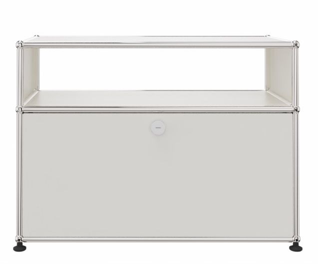 Weißes USM Haller Beistellmöbel mit Schublade und offenem Fach, modernes Design für Wohnzimmer und Büro.
