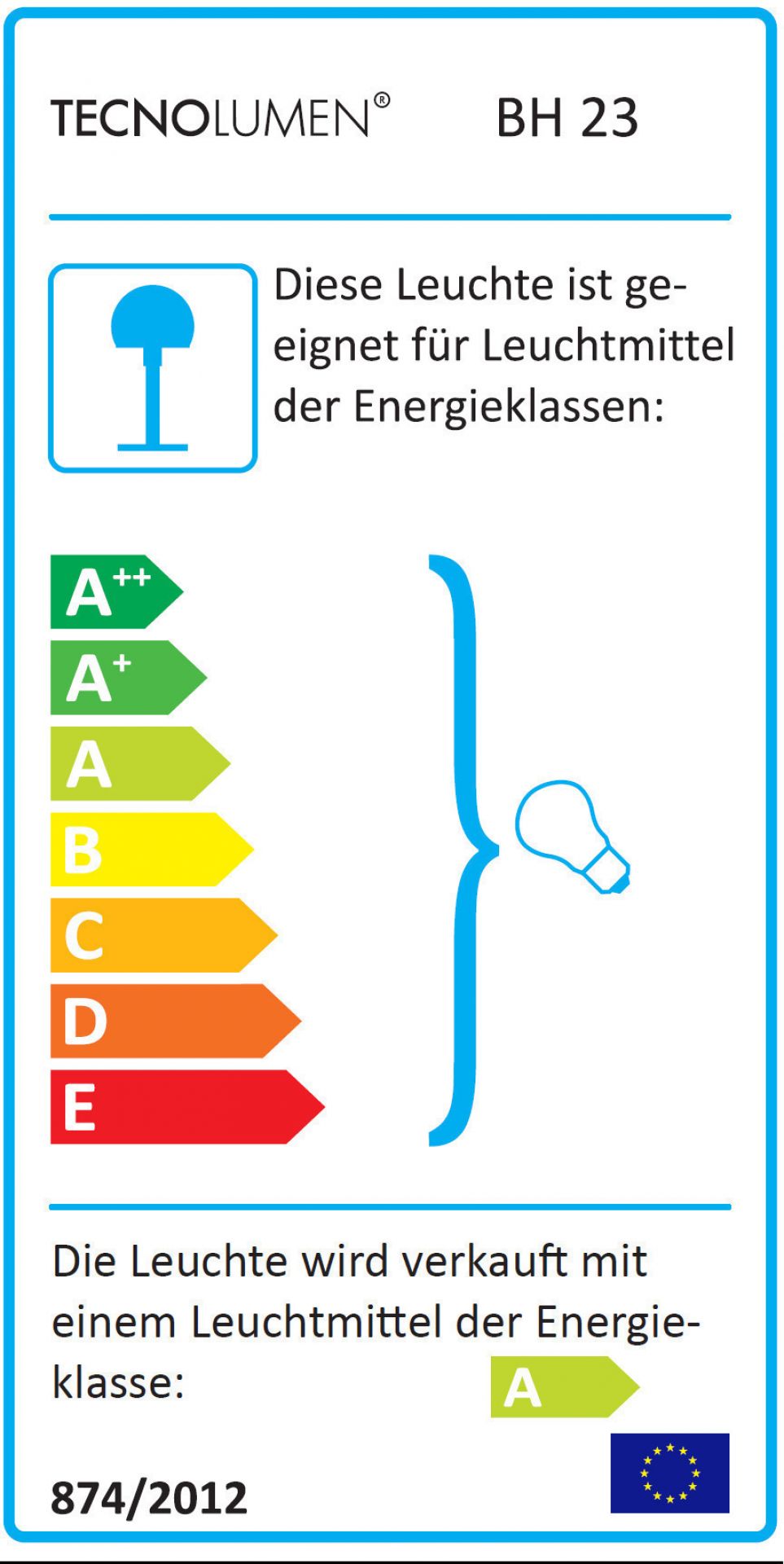 Energieetikett der Bauhaus BH 23 Stehleuchte von Tecnolumen, Energieeffizienzklasse A, für energiesparende Beleuchtung im Bauhaus-Stil.