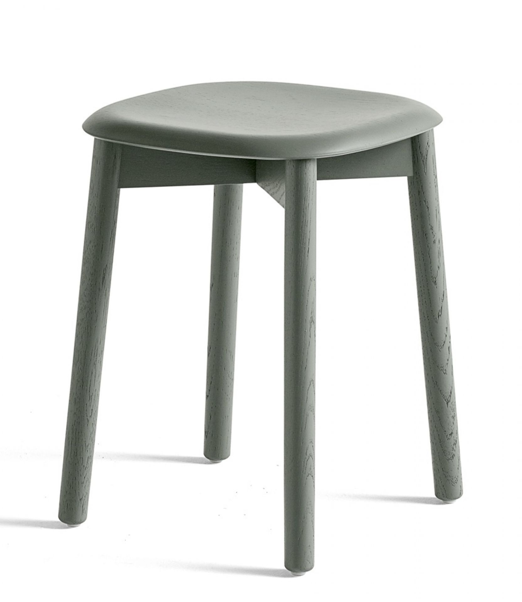 Grauer Soft Edge Hocker von Hay mit drei Beinen, ideal für Küche und Bar.