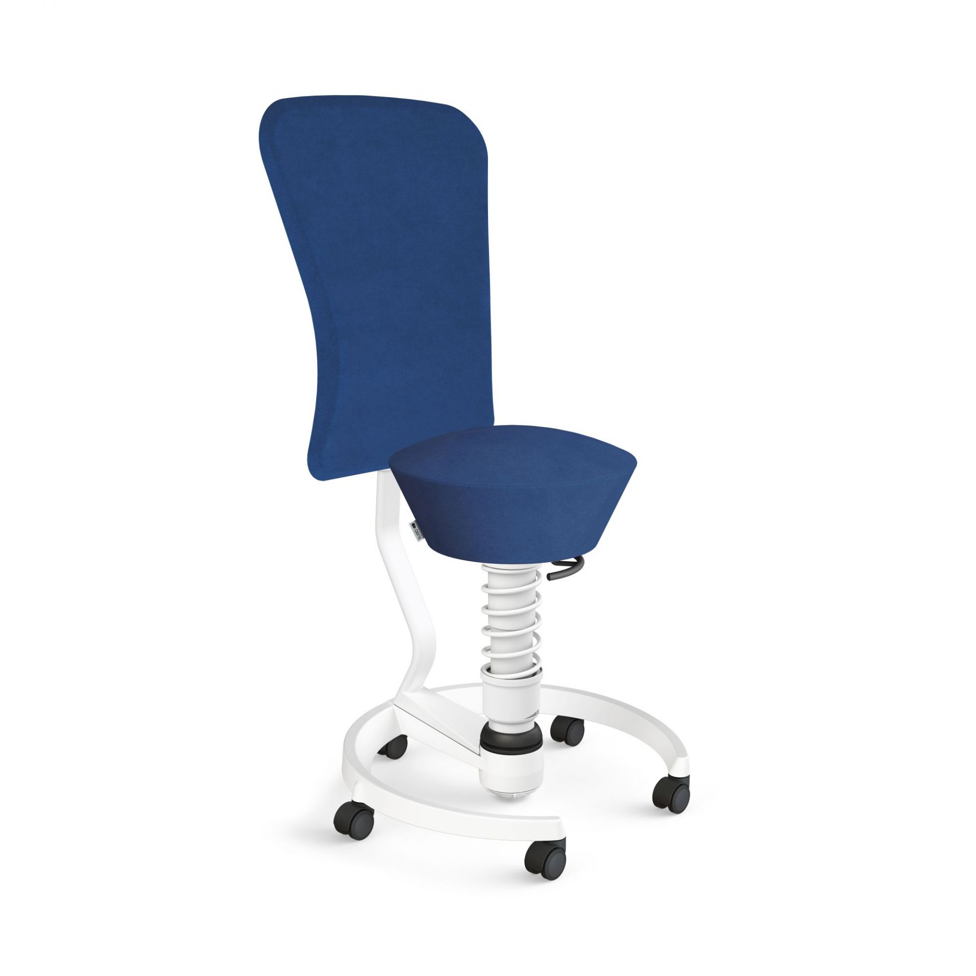 Blauer Swopper Bürostuhl mit Rückenlehne und weißem Federbein für ergonomisches Sitzen im Büro.