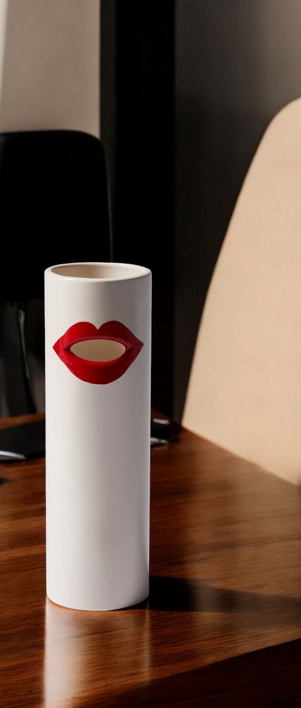 Weiße Cassina Vase "Bocca" mit rotem Lippen-Design auf einem Holztisch, modernes Wohnaccessoire.