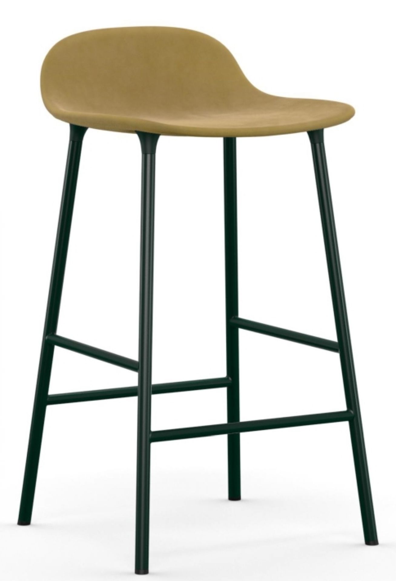 Normann Copenhagen Form Barhocker, gepolstert in Senfgelb mit schwarzem Stahlgestell, modernes Küchendesign.