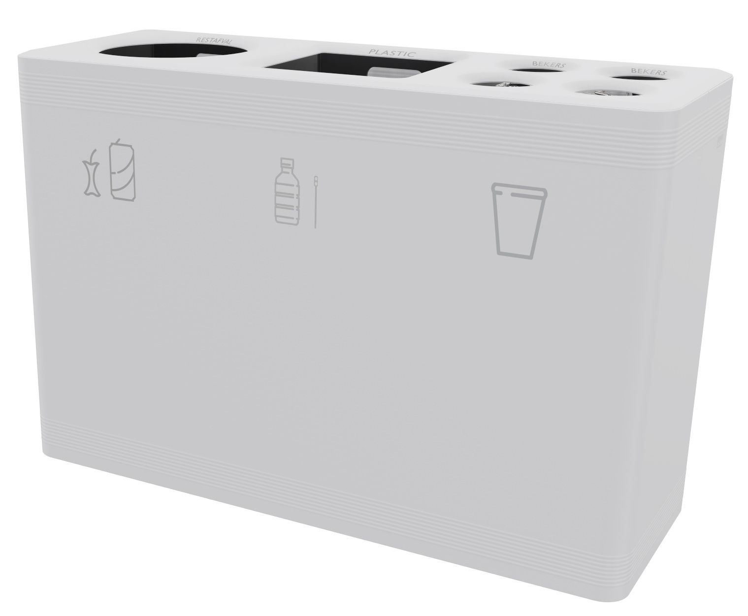 Ditch 3 Abfalltrennsystem Functionals: Weißer Mülleimer mit drei Fächern für Restmüll, Plastik und Becher.