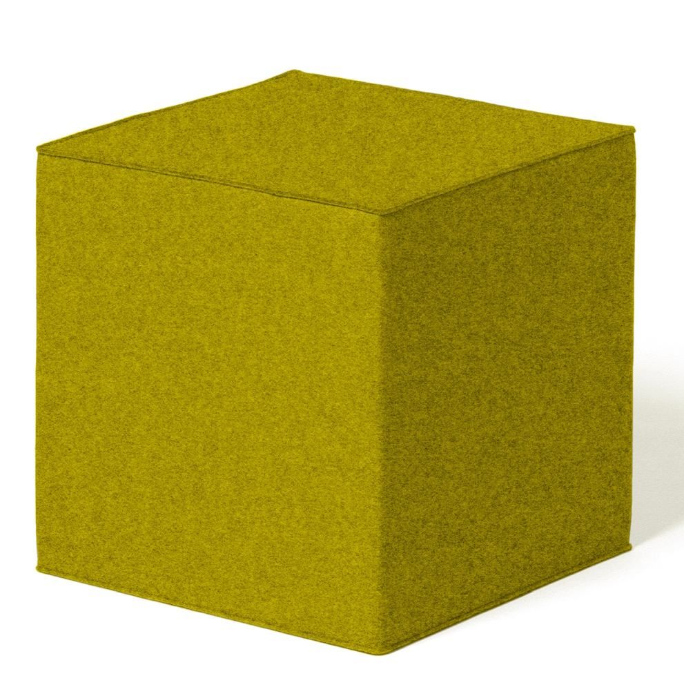 Quart Sitzmöbel von HEY-SIGN, ein quadratischer Sitzwürfel aus Filz in Gelb-Grün, modernes Design.