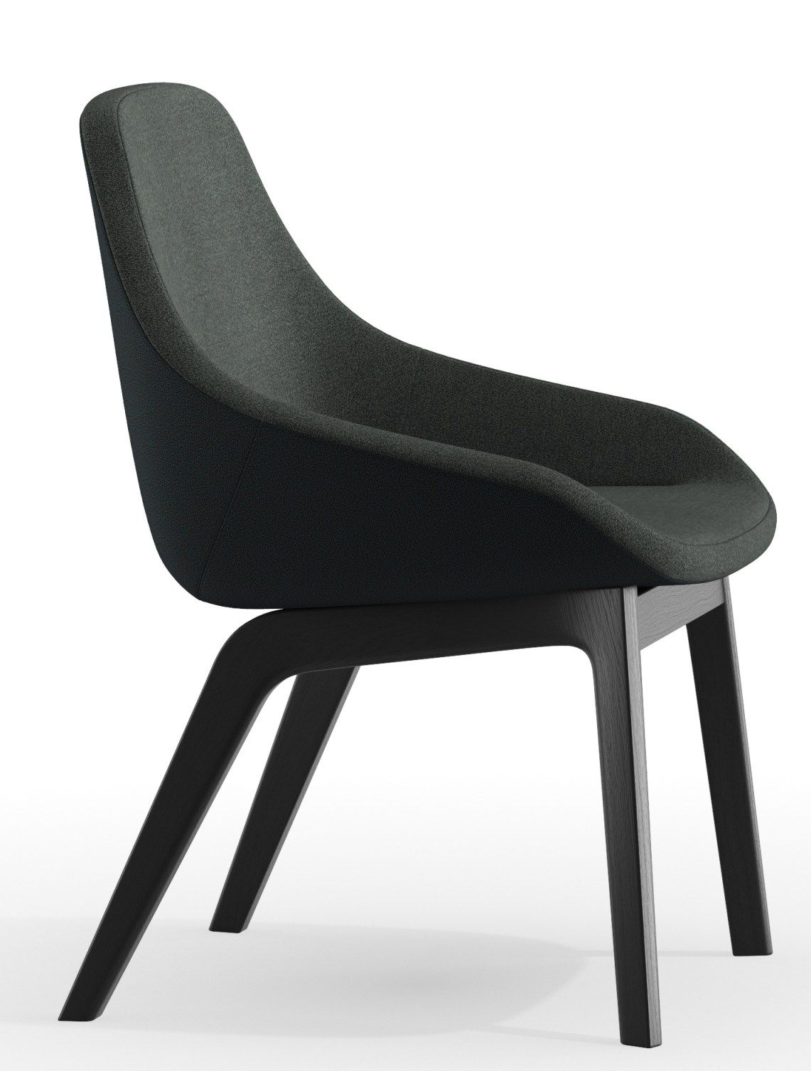 Morph Dining Chair Stuhl von Zeitraum, grauer Polsterstuhl mit dunklem Holzgestell, modernes Design für Esszimmer.