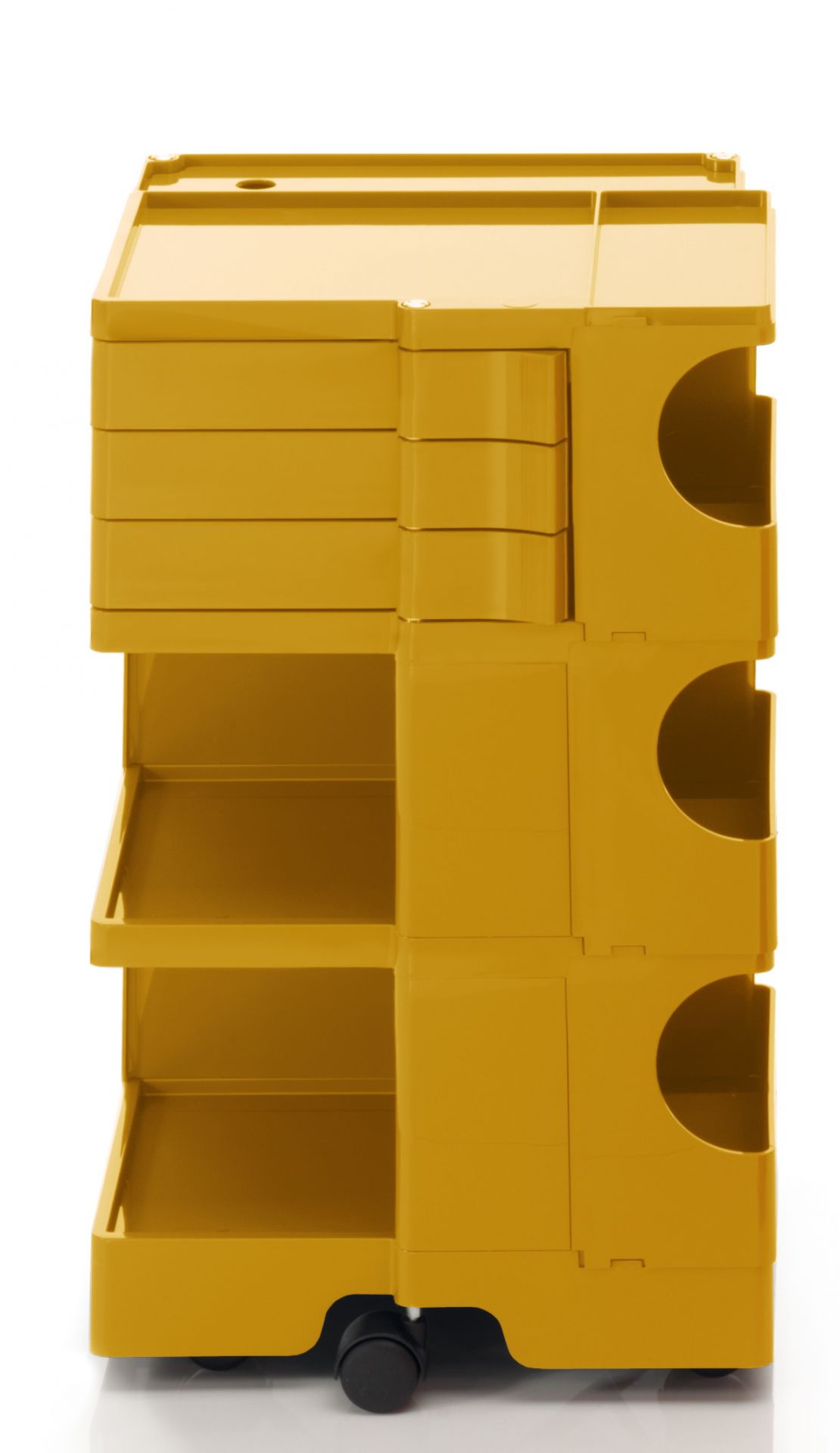Gelber Boby Rollcontainer mit Schubladen und Fächern, ideal für Büro und Homeoffice.