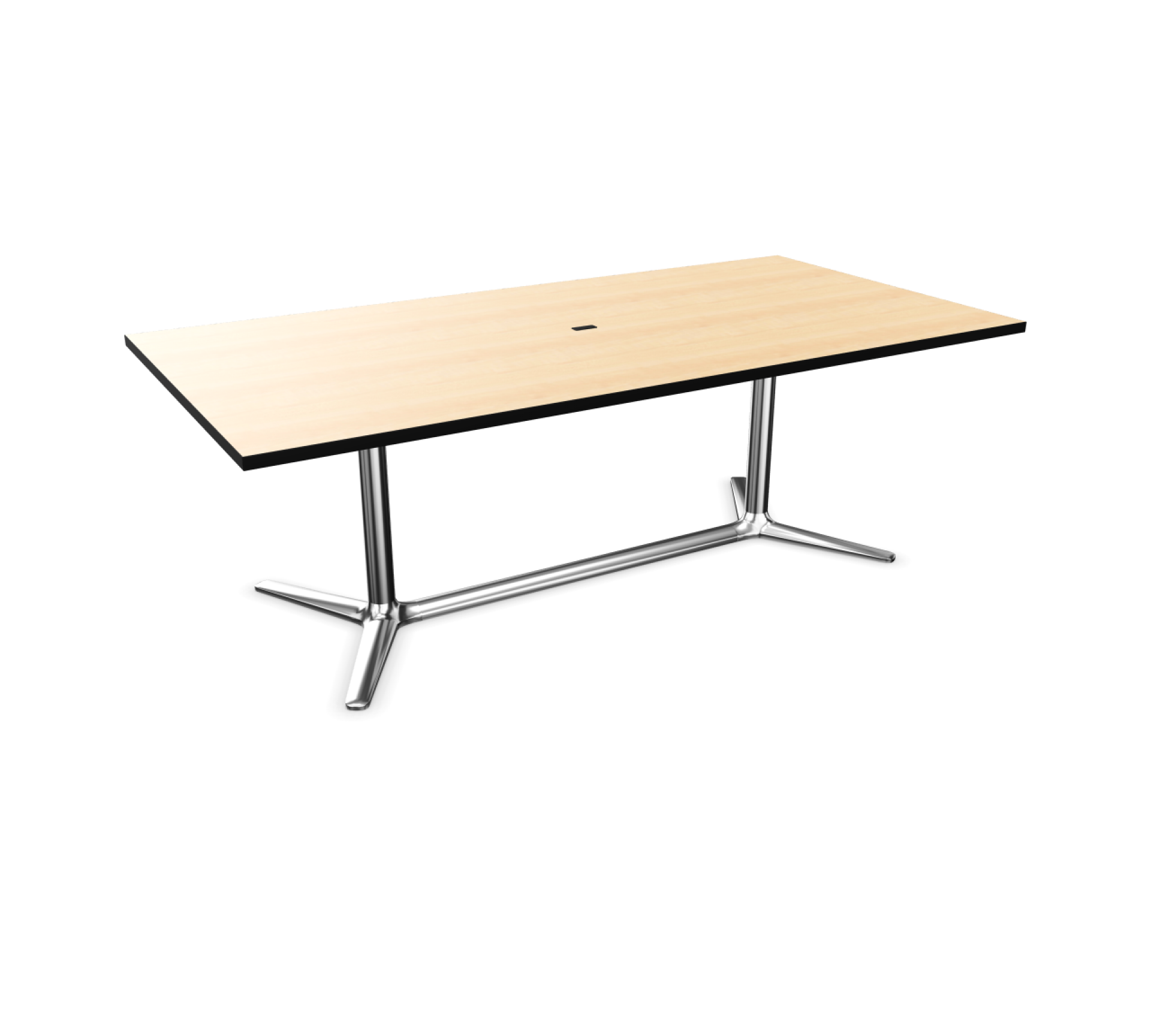 Brunner Lift Konferenztisch mit hellem Holzdekor und höhenverstellbarem, silberfarbenem Gestell für moderne Büros.
